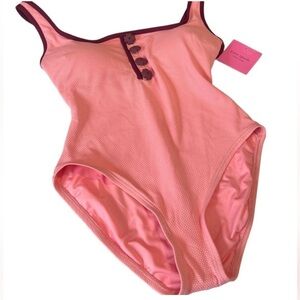 Kate Spade Shell Pink Contrast Trim Flower Front Buttons One Piece Size M NWT